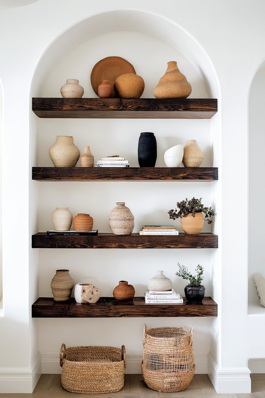 Open walnut shelves with ceramic vessels, woven baskets, books and small plants against a warm white wall