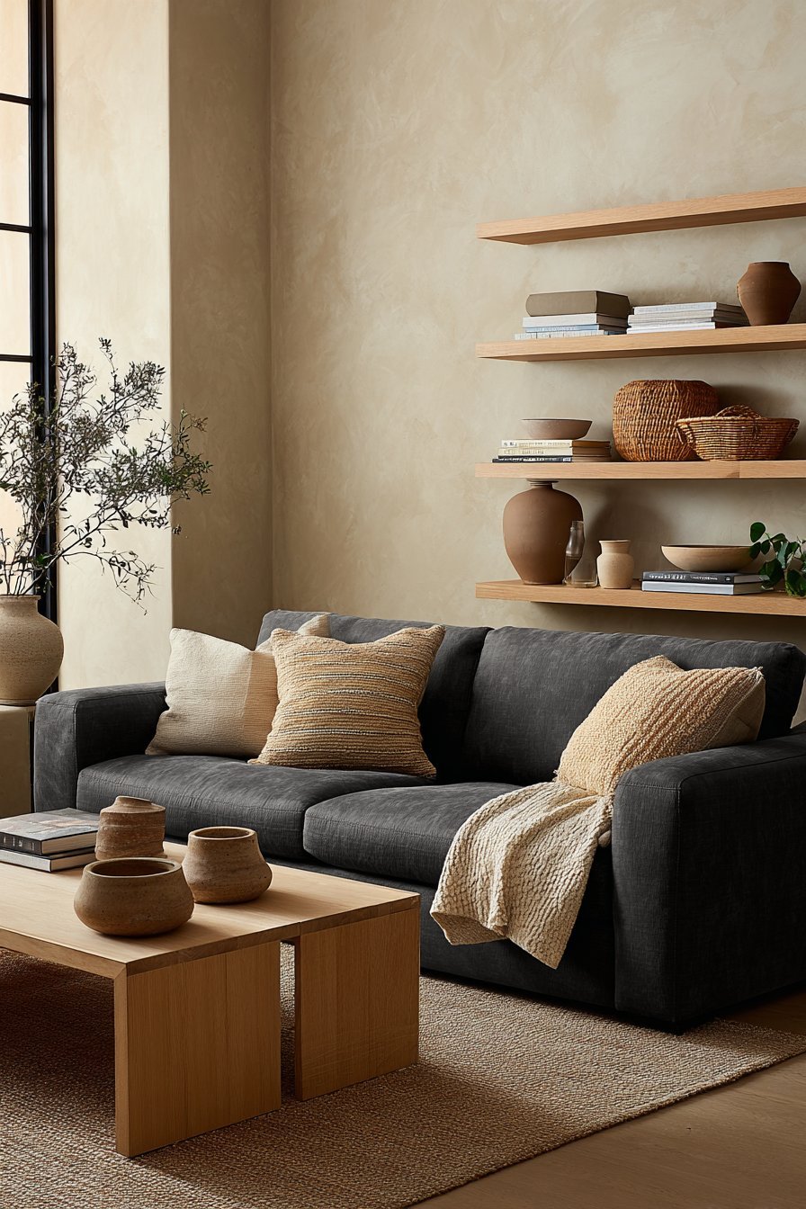 Open walnut shelves with ceramic vessels, woven baskets, books and small plants against a warm white wall