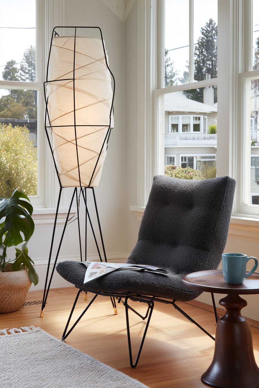 Black metal floor lamp with linen shade beside a charcoal bouclé reading chair, walnut side table and monstera