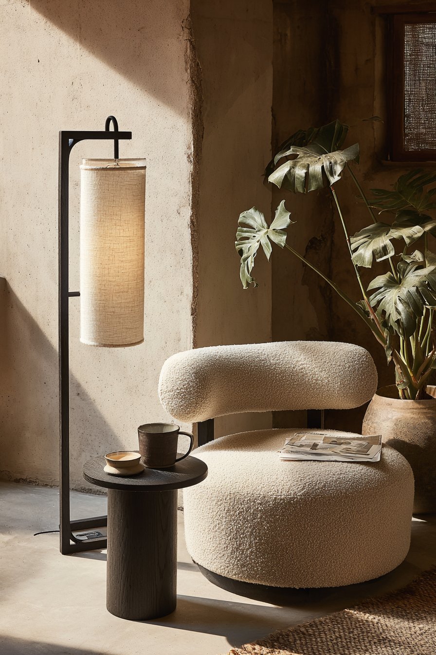Black metal floor lamp with linen shade beside a charcoal bouclé reading chair, walnut side table and monstera