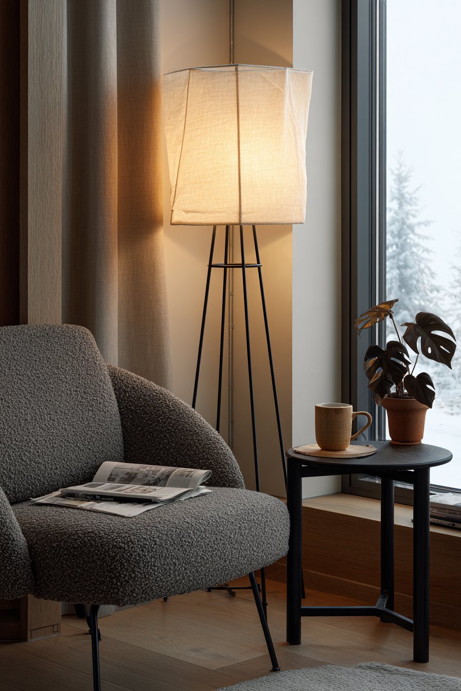 Black metal floor lamp with linen shade beside a charcoal bouclé reading chair, walnut side table and monstera