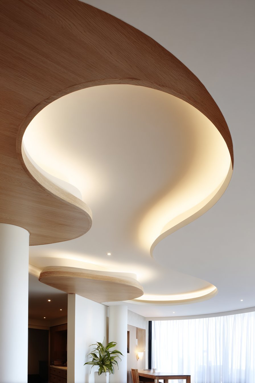 Natural oak ceiling soffit with indirect LED lighting above an open white living area