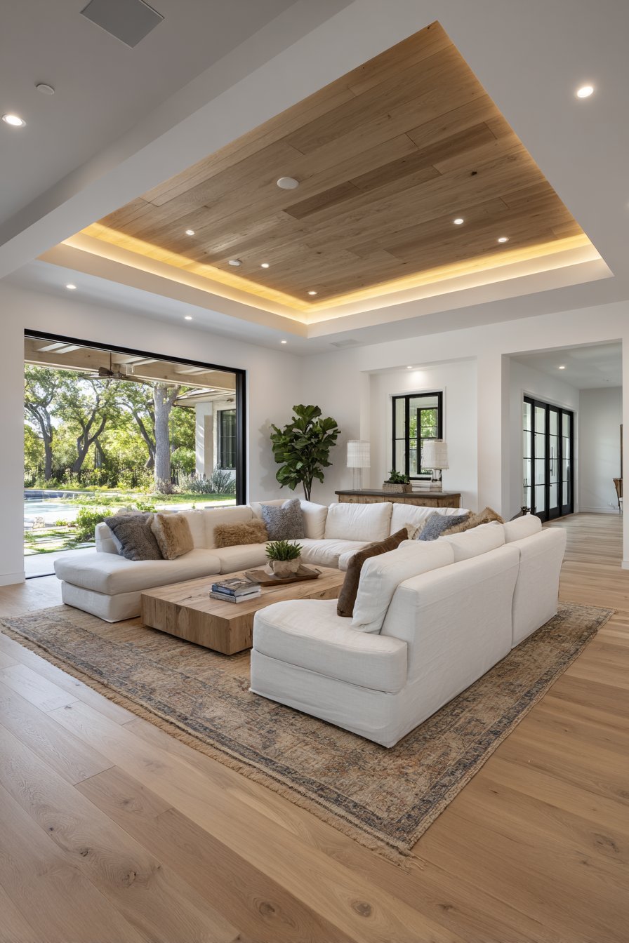 Natural oak ceiling soffit with indirect LED lighting above an open white living area