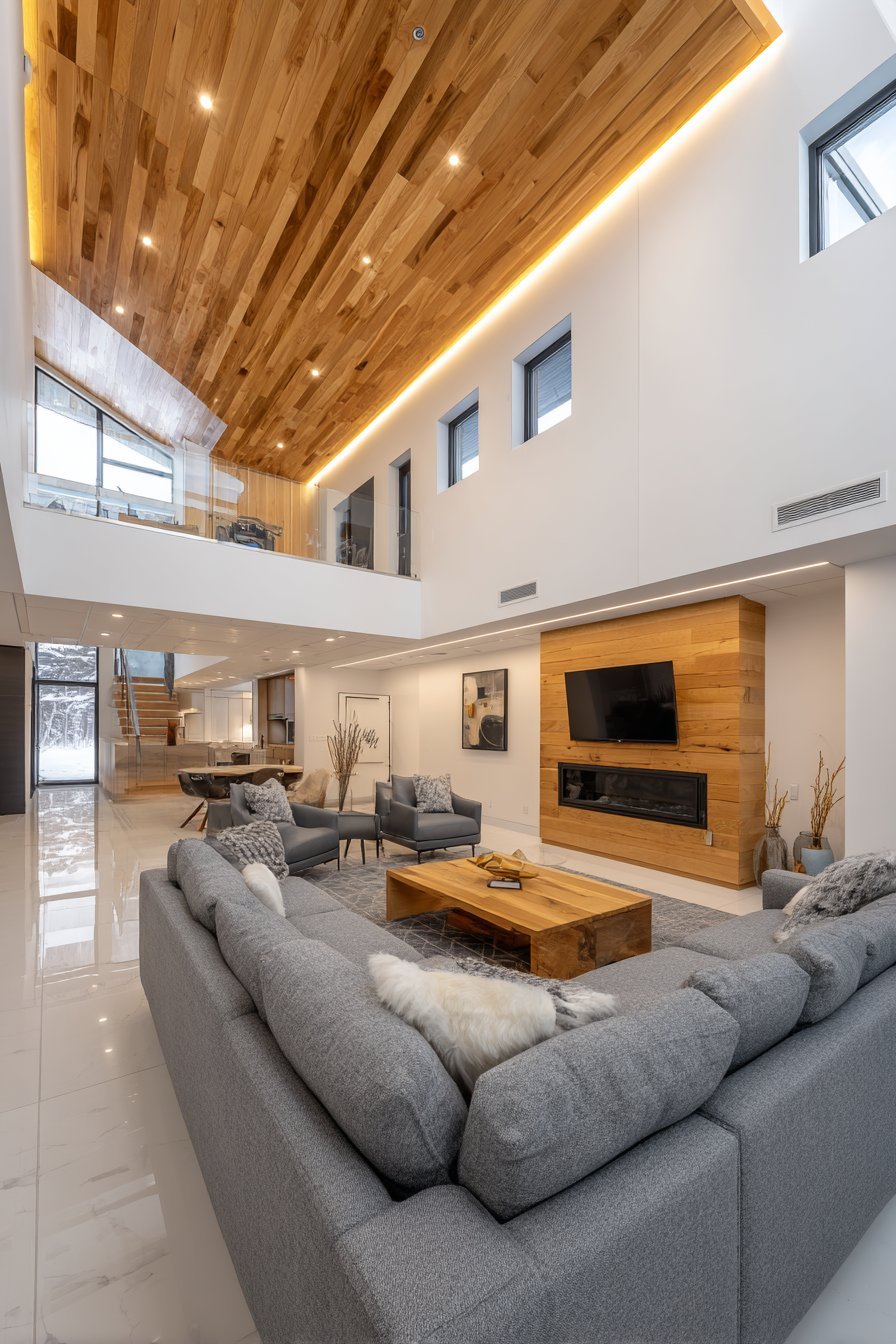 Natural oak ceiling soffit with indirect LED lighting above an open white living area