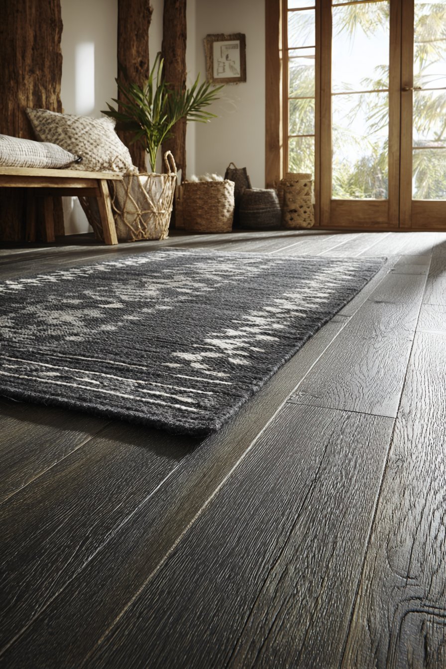 Wide-plank white oak floor with a charcoal hand-knotted wool rug with geometric pattern