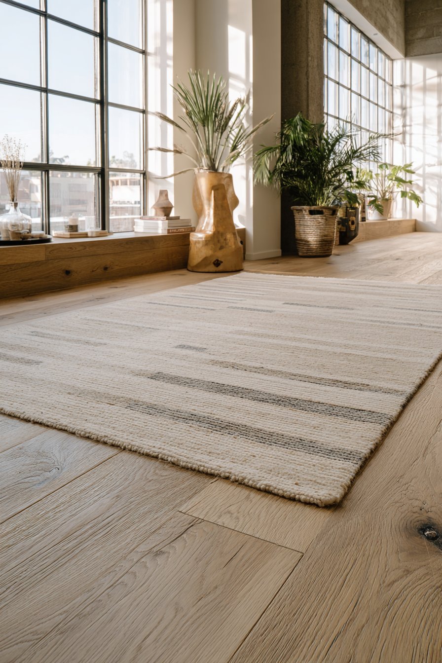 Wide-plank white oak floor with a charcoal hand-knotted wool rug with geometric pattern
