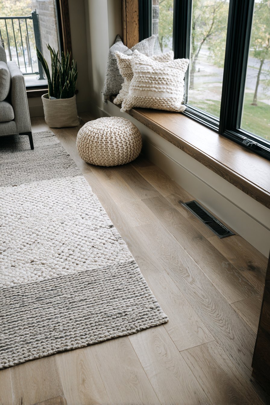 Wide-plank white oak floor with a charcoal hand-knotted wool rug with geometric pattern
