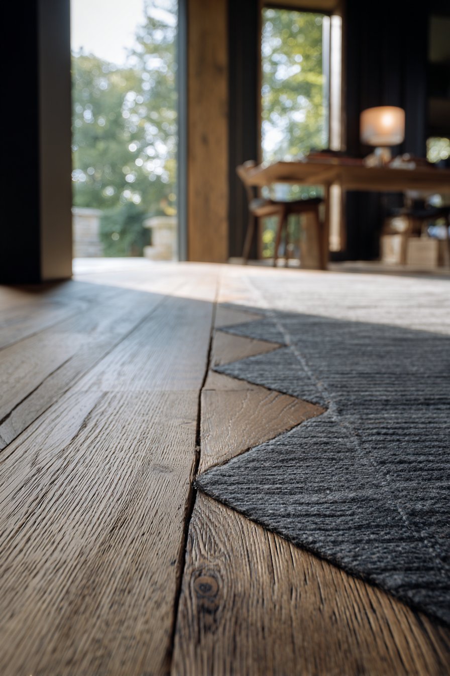 Wide-plank white oak floor with a charcoal hand-knotted wool rug with geometric pattern
