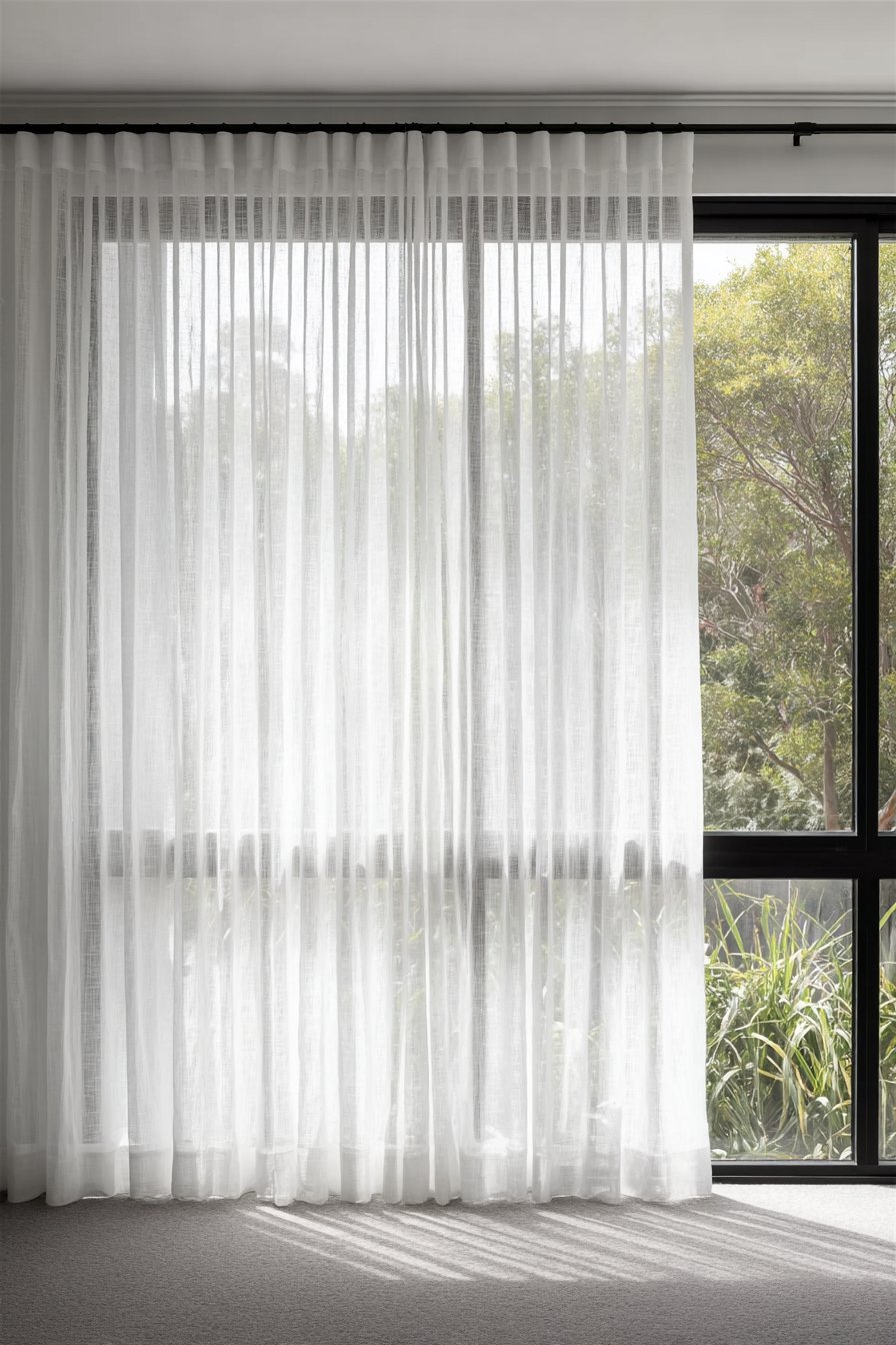 Floor-to-ceiling natural linen curtains over white sheers on black rods, puddling slightly on the floor