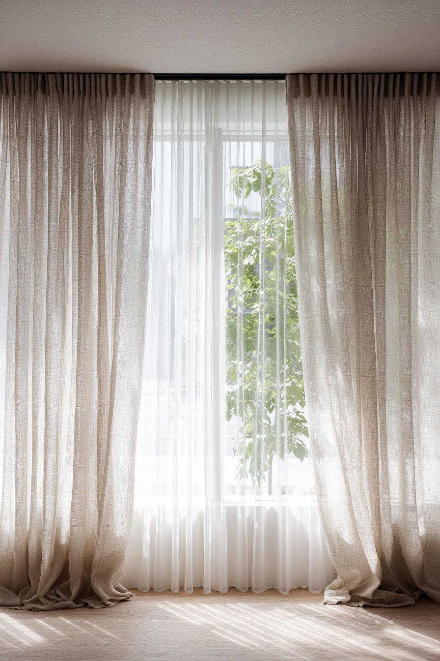 Floor-to-ceiling natural linen curtains over white sheers on black rods, puddling slightly on the floor
