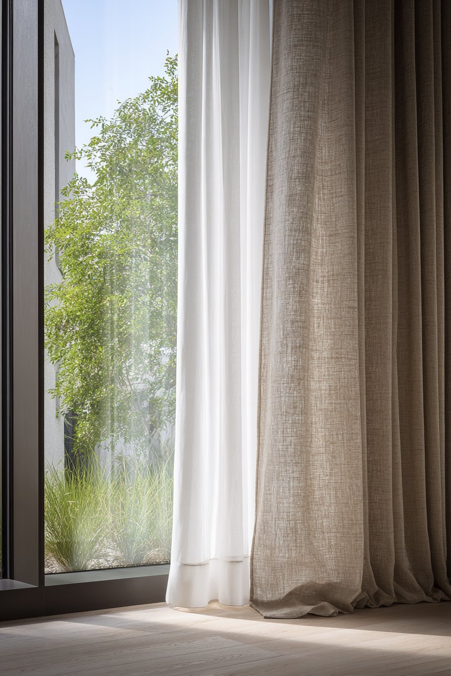 Floor-to-ceiling natural linen curtains over white sheers on black rods, puddling slightly on the floor