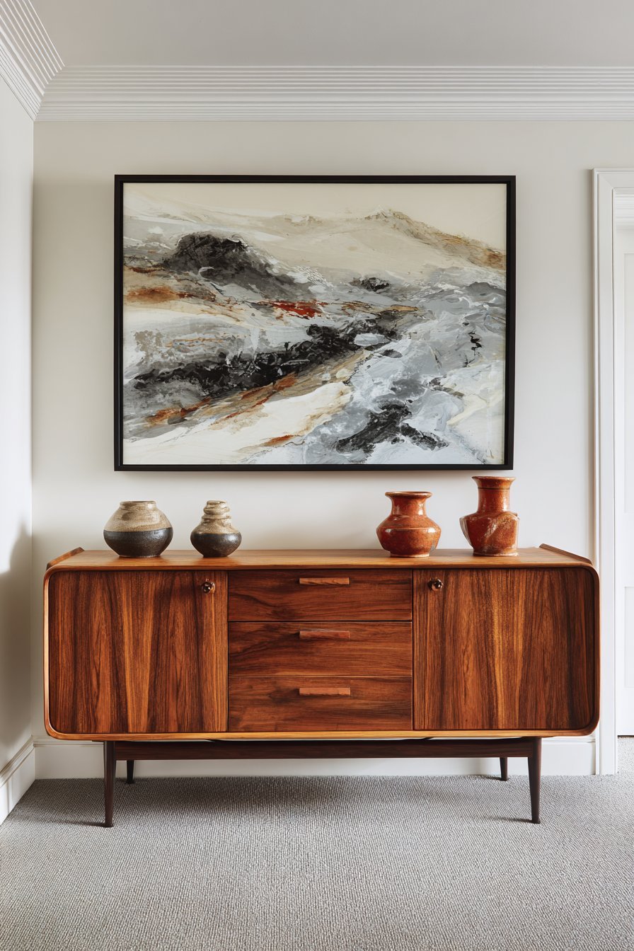 Large muted abstract painting in a thin black frame above a low ash credenza with two ceramic sculptures