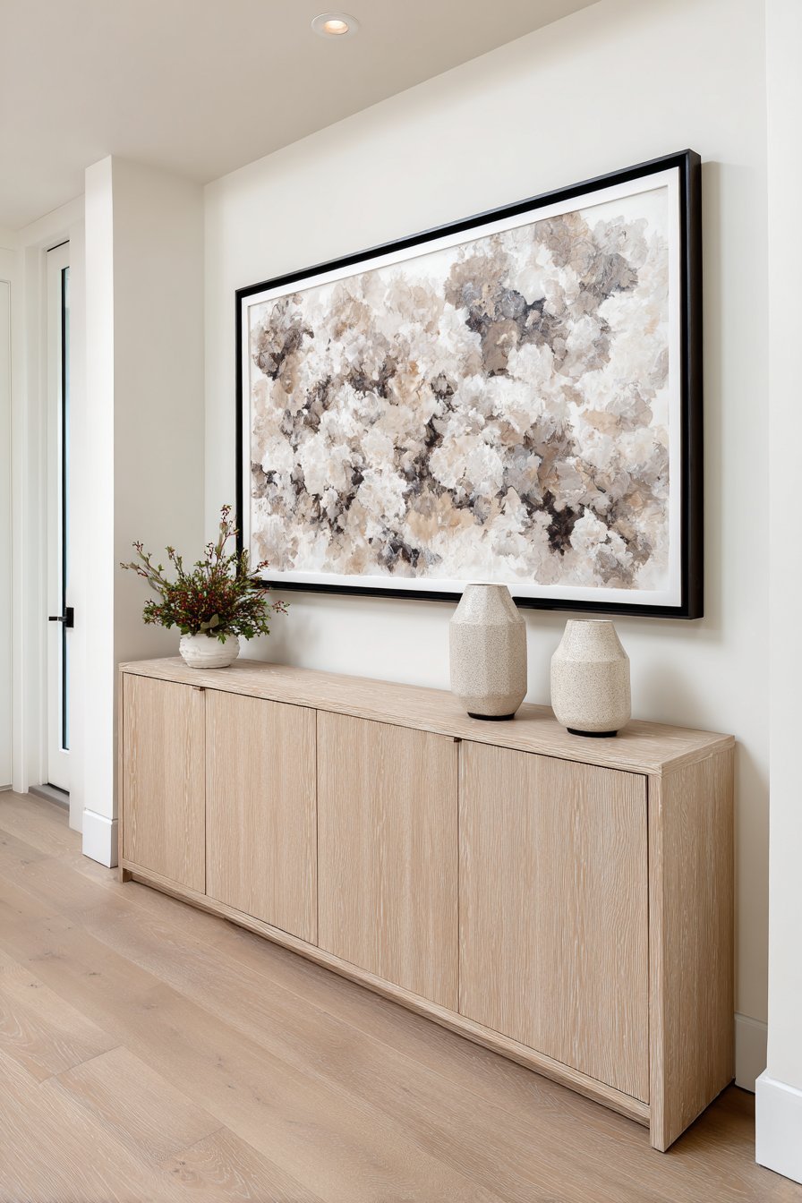 Large muted abstract painting in a thin black frame above a low ash credenza with two ceramic sculptures