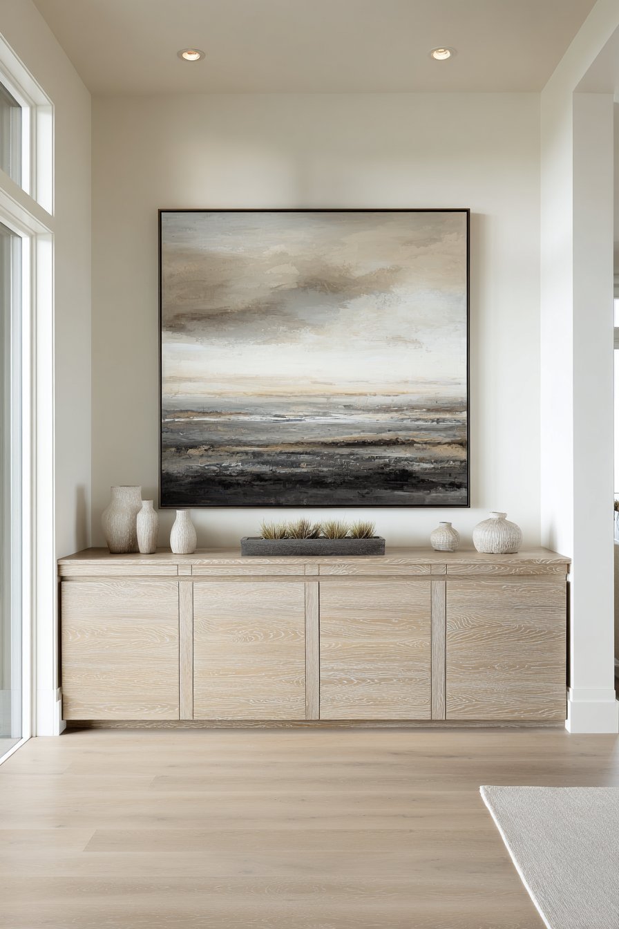 Large muted abstract painting in a thin black frame above a low ash credenza with two ceramic sculptures