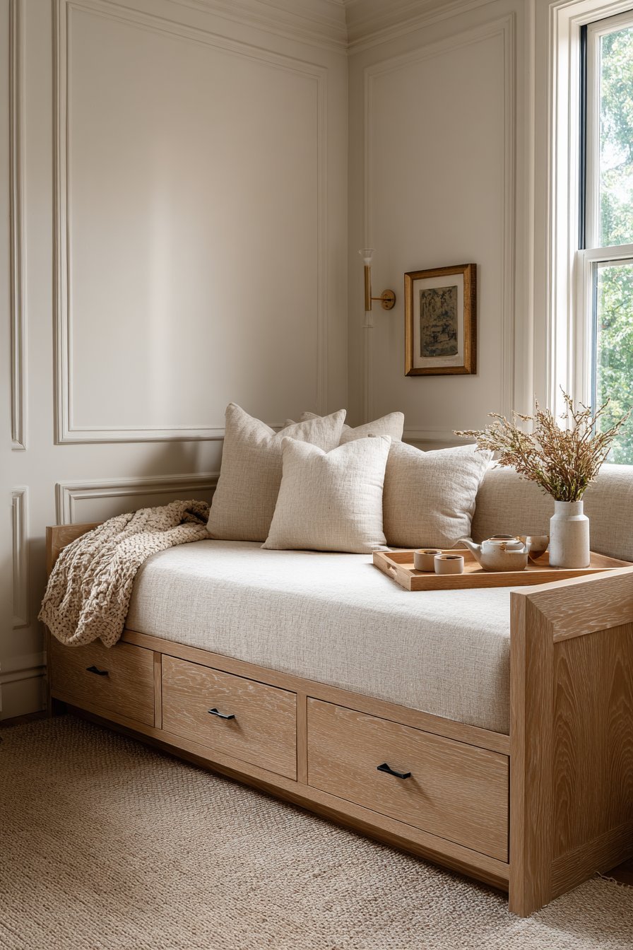 Low platform daybed with storage drawers in natural linen, cotton pillows, knit blanket and a tea tray