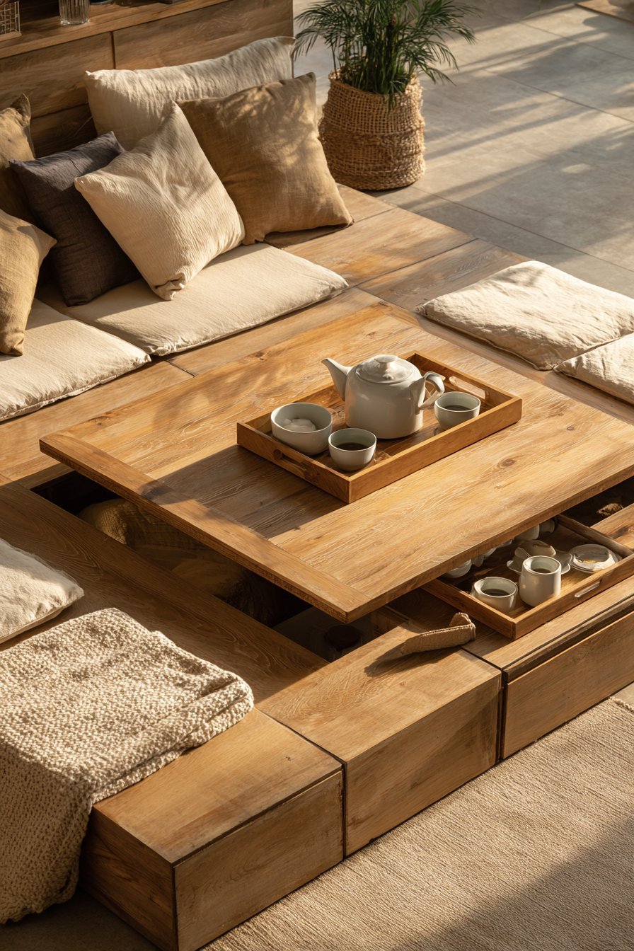 Low platform daybed with storage drawers in natural linen, cotton pillows, knit blanket and a tea tray