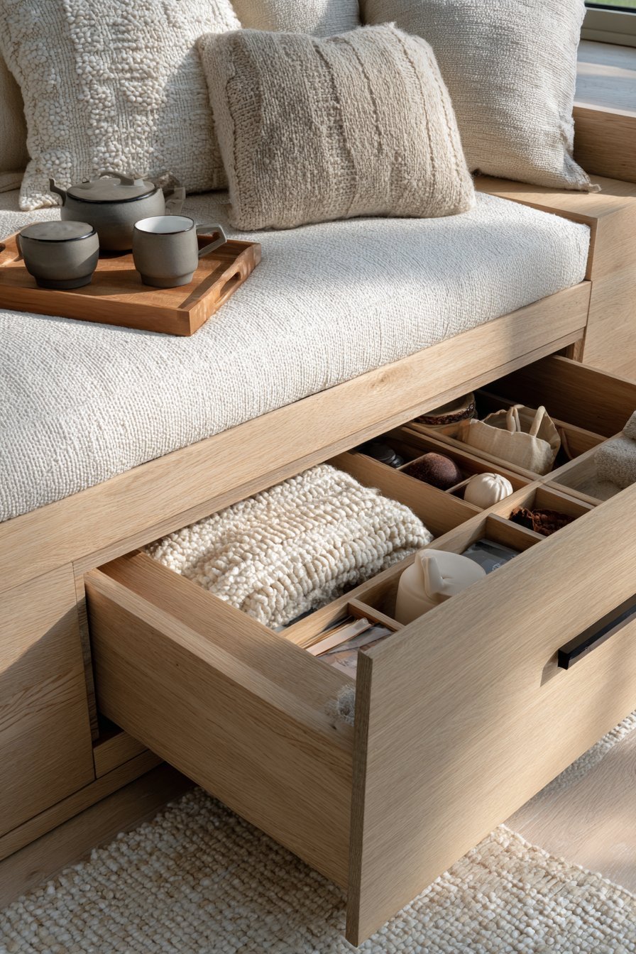 Low platform daybed with storage drawers in natural linen, cotton pillows, knit blanket and a tea tray