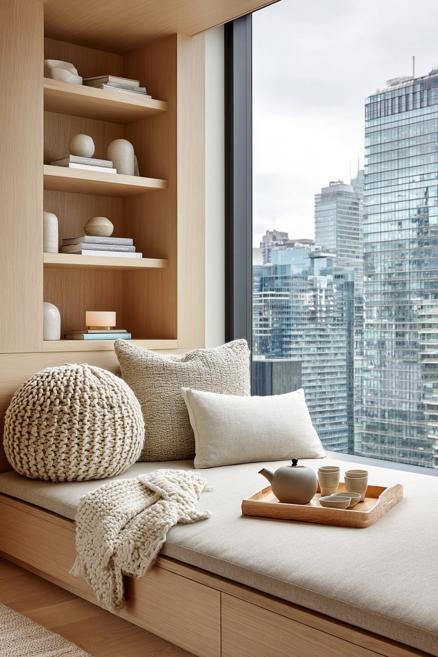 Low platform daybed with storage drawers in natural linen, cotton pillows, knit blanket and a tea tray