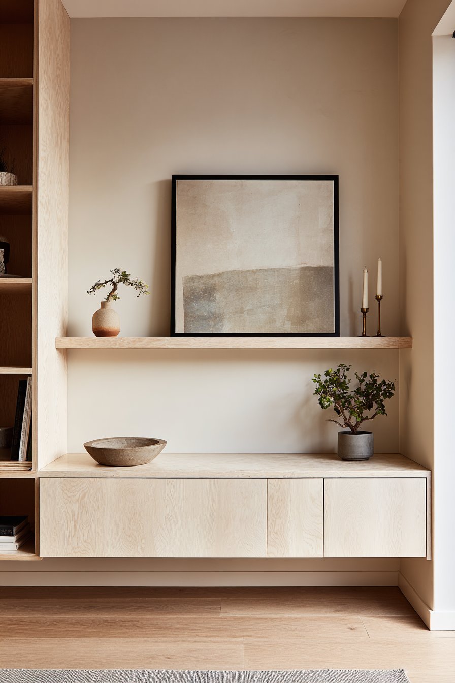 Floating light ash credenza with sliding doors, ceramic bowl, bonsai and a large abstract artwork in a thin black frame