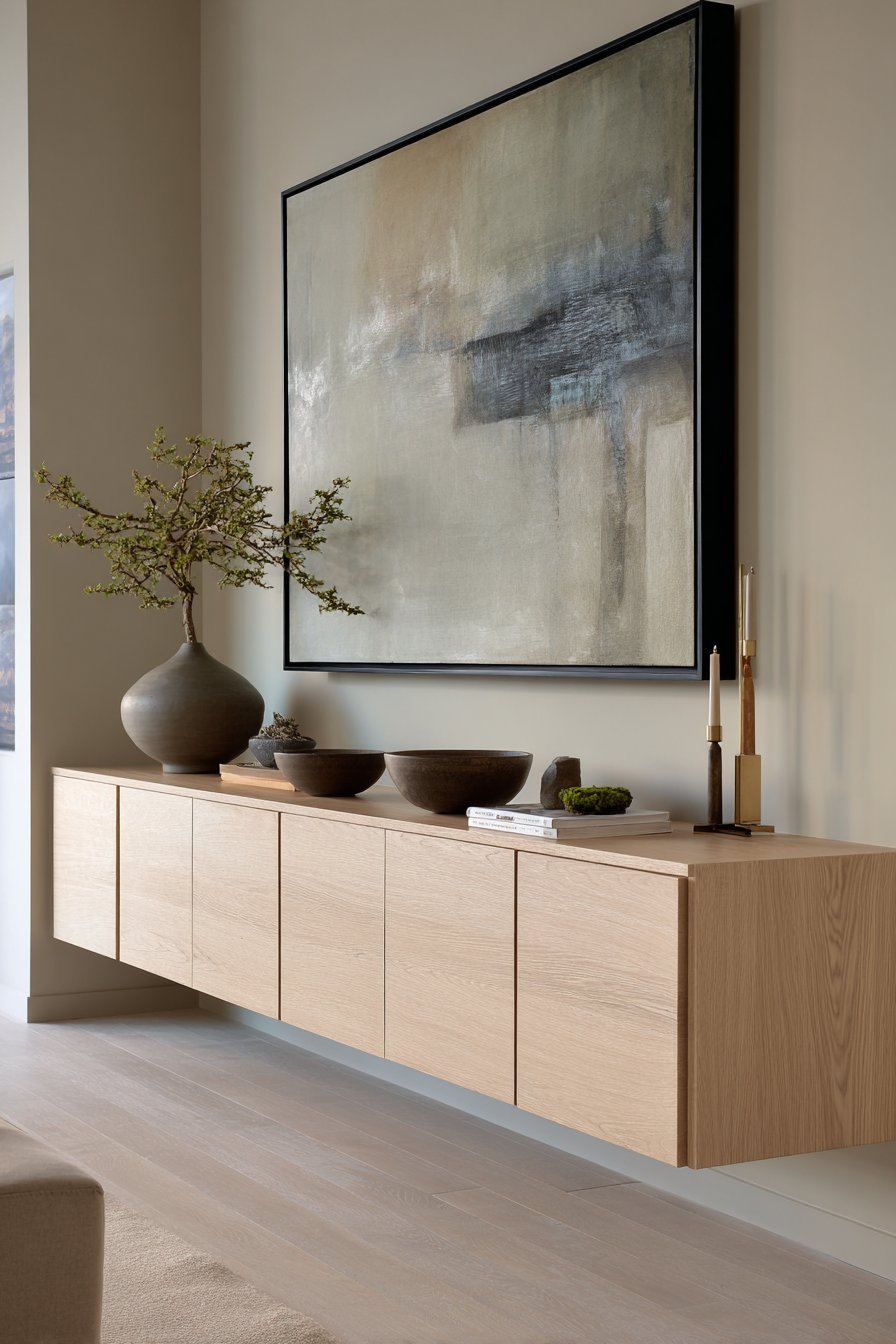 Floating light ash credenza with sliding doors, ceramic bowl, bonsai and a large abstract artwork in a thin black frame