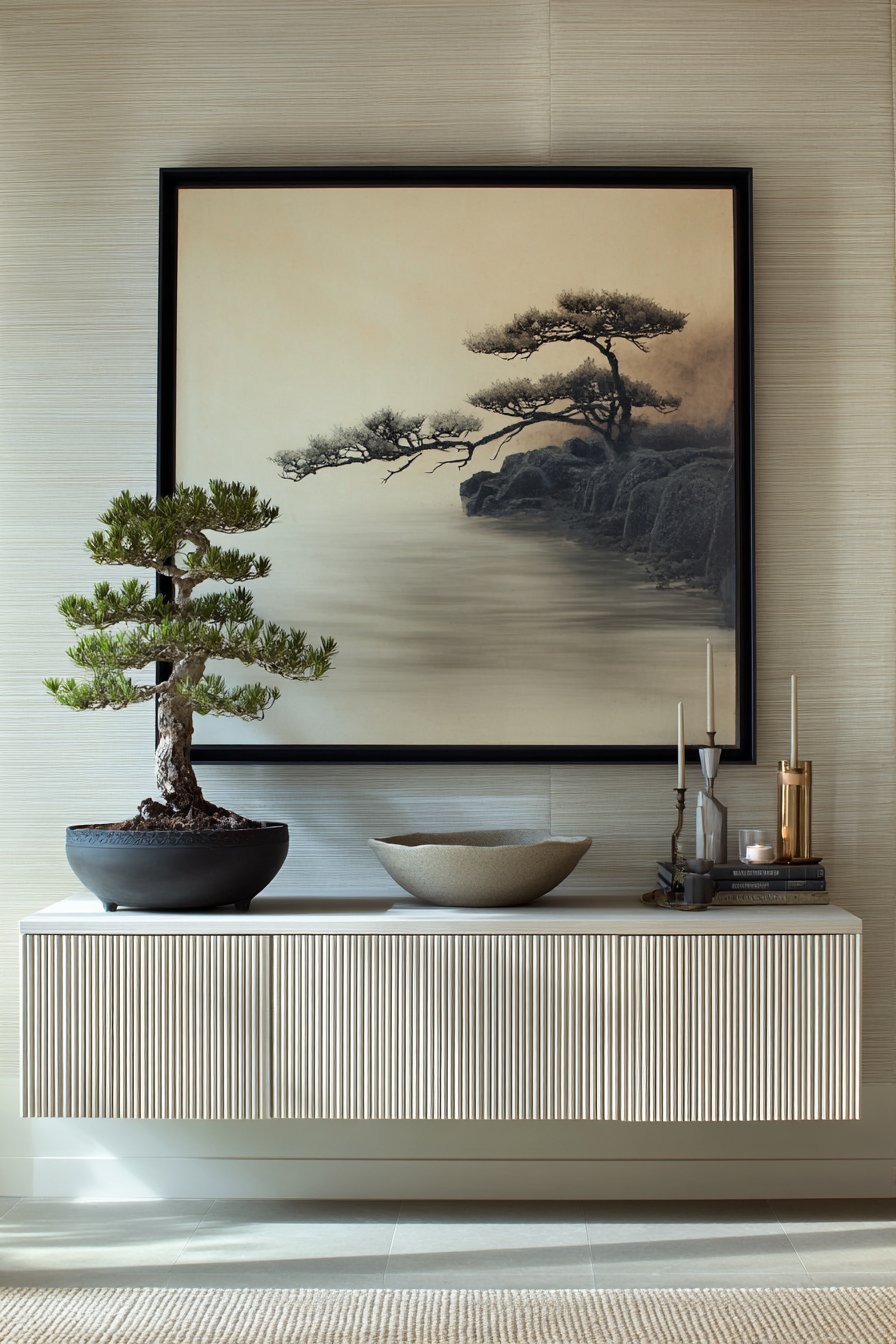 Floating light ash credenza with sliding doors, ceramic bowl, bonsai and a large abstract artwork in a thin black frame