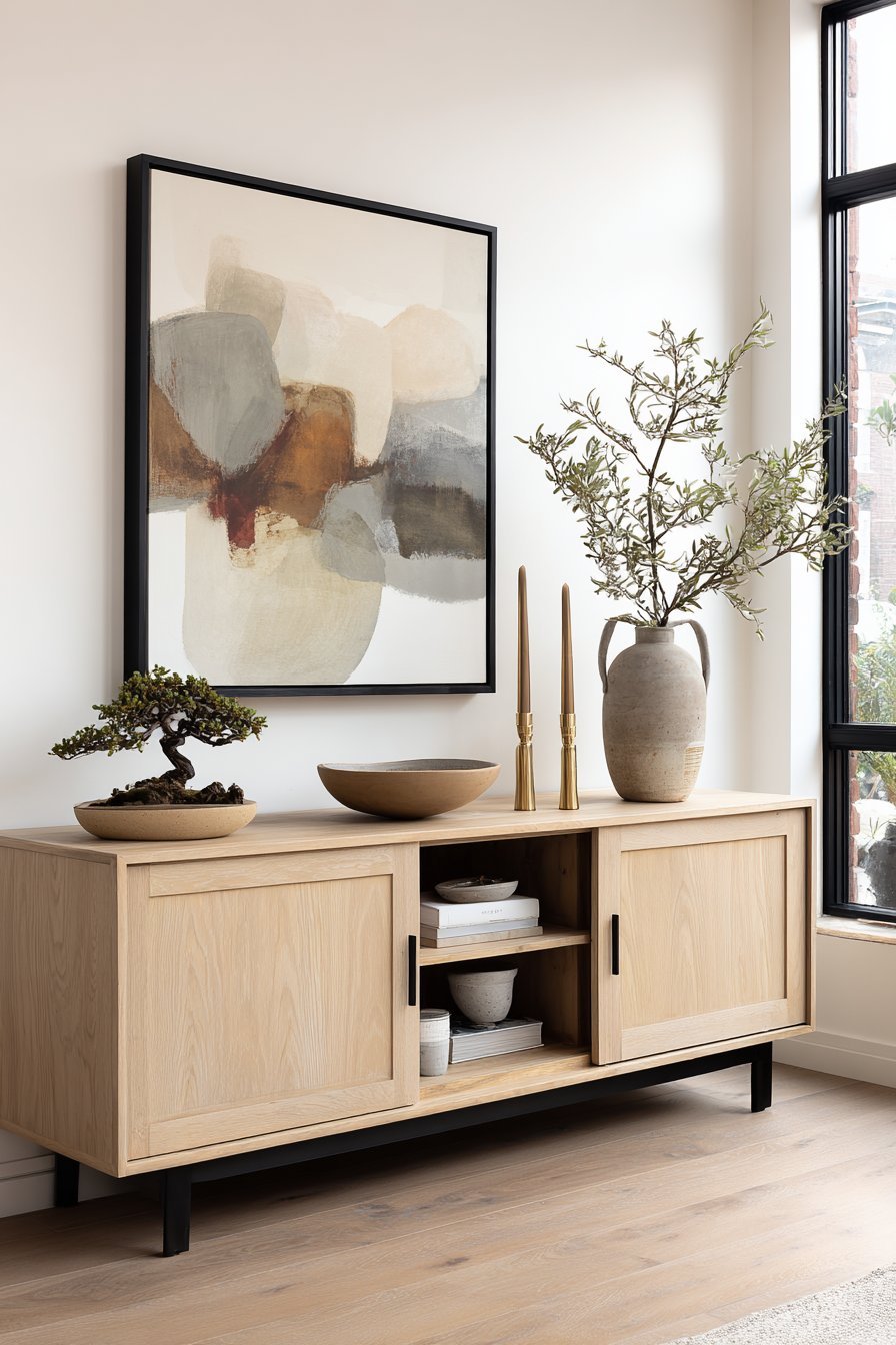 Floating light ash credenza with sliding doors, ceramic bowl, bonsai and a large abstract artwork in a thin black frame