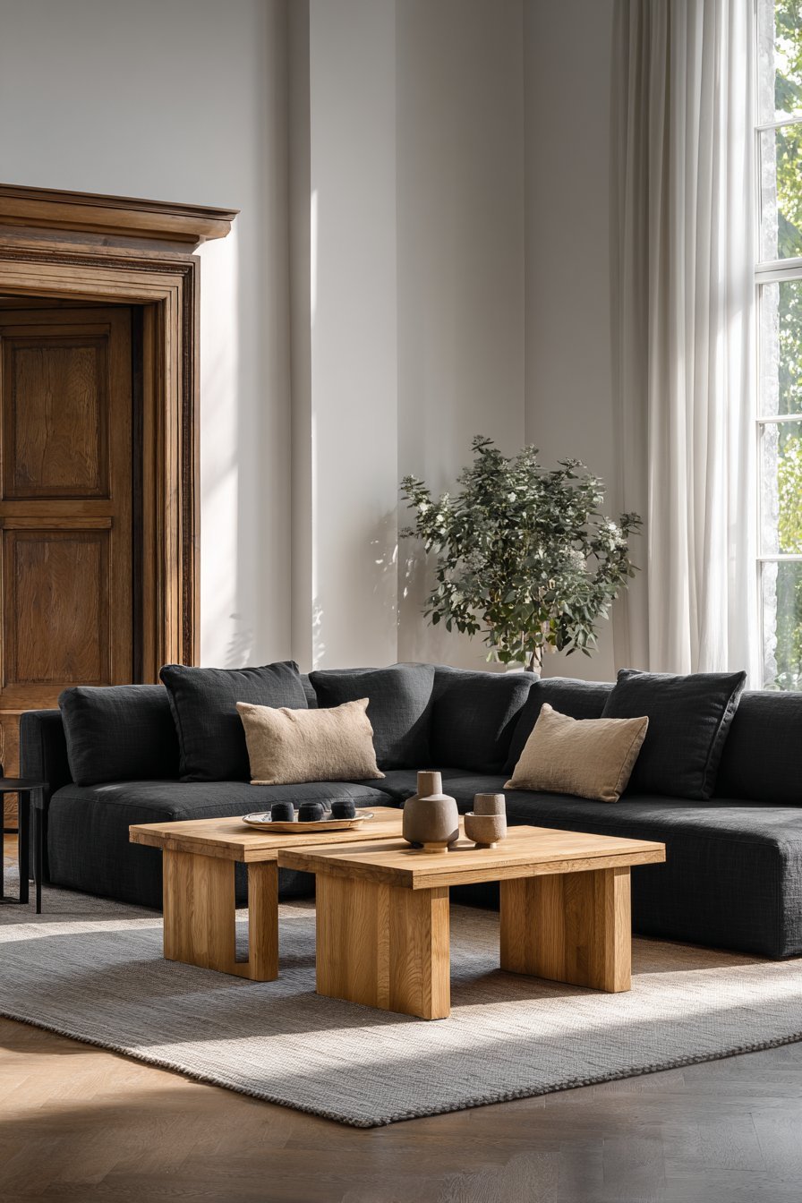 Oak furniture, charcoal linen upholstery, black metal accents, earth-tone ceramics and white plaster walls