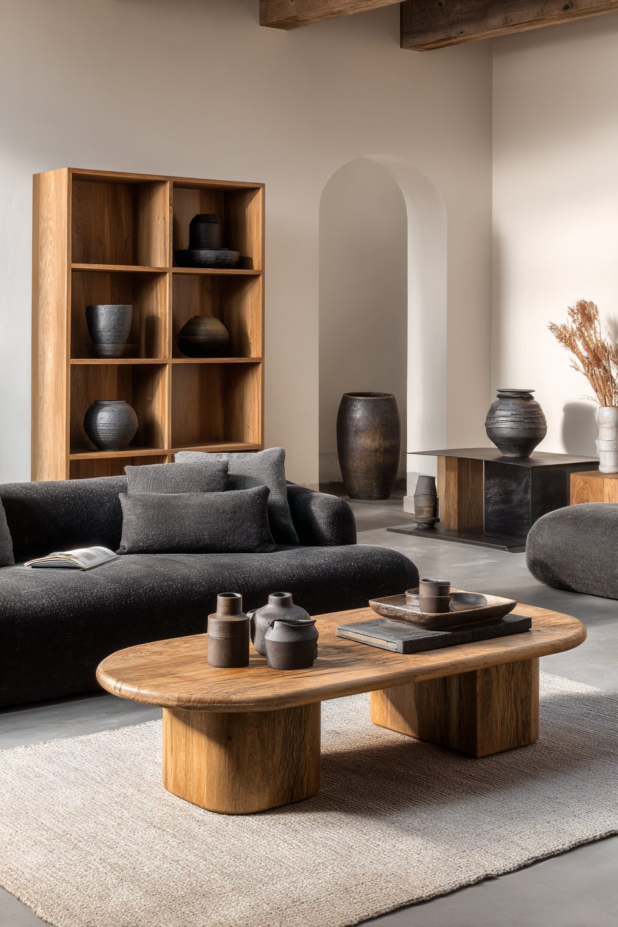 Oak furniture, charcoal linen upholstery, black metal accents, earth-tone ceramics and white plaster walls