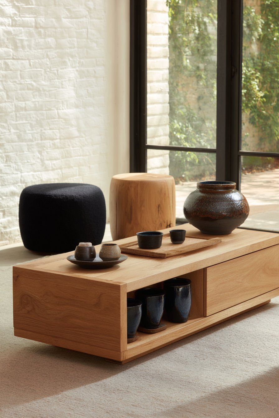 Oak furniture, charcoal linen upholstery, black metal accents, earth-tone ceramics and white plaster walls