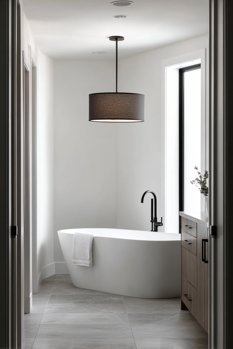 Brass and matte black geometric pendant light over a freestanding bathtub with white walls