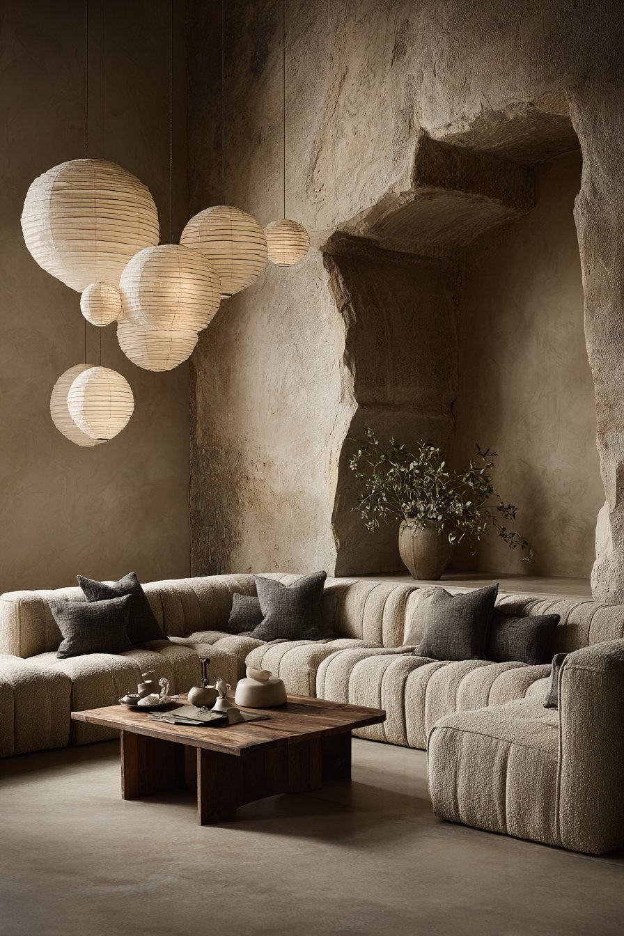 L-shaped oatmeal bouclé sofa around a sunken living area with live-edge walnut table and spherical paper pendants
