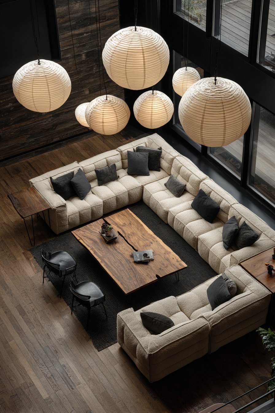 L-shaped oatmeal bouclé sofa around a sunken living area with live-edge walnut table and spherical paper pendants
