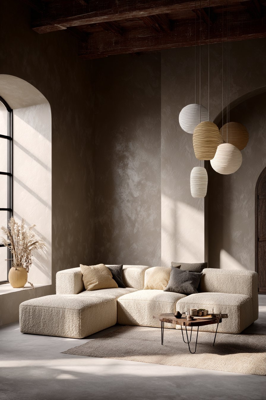 L-shaped oatmeal bouclé sofa around a sunken living area with live-edge walnut table and spherical paper pendants