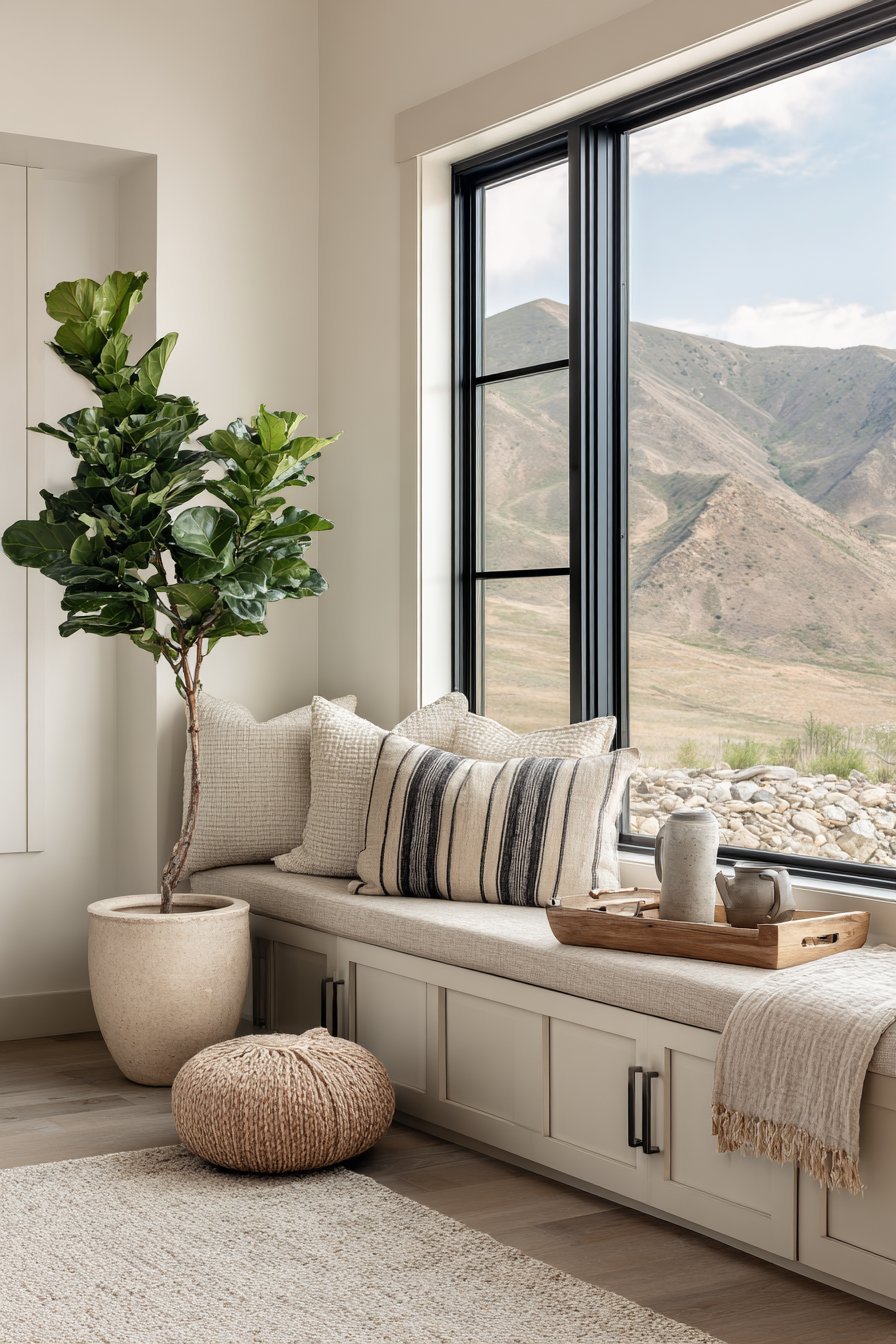 Linen window seat with storage and cotton pillows beneath floor-to-ceiling windows, with a tea tray and fiddle leaf fig