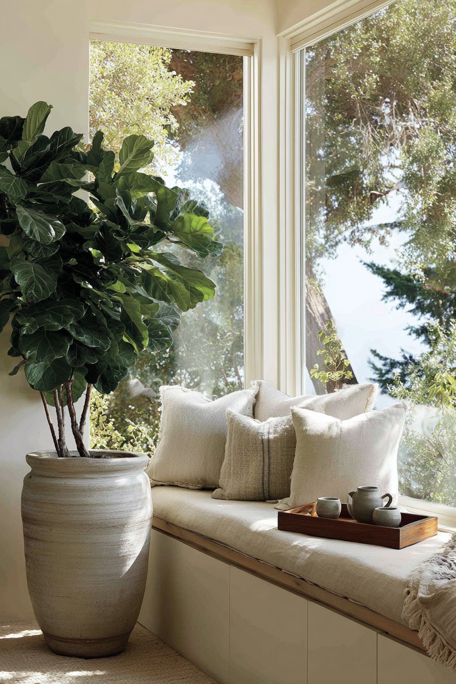 Linen window seat with storage and cotton pillows beneath floor-to-ceiling windows, with a tea tray and fiddle leaf fig