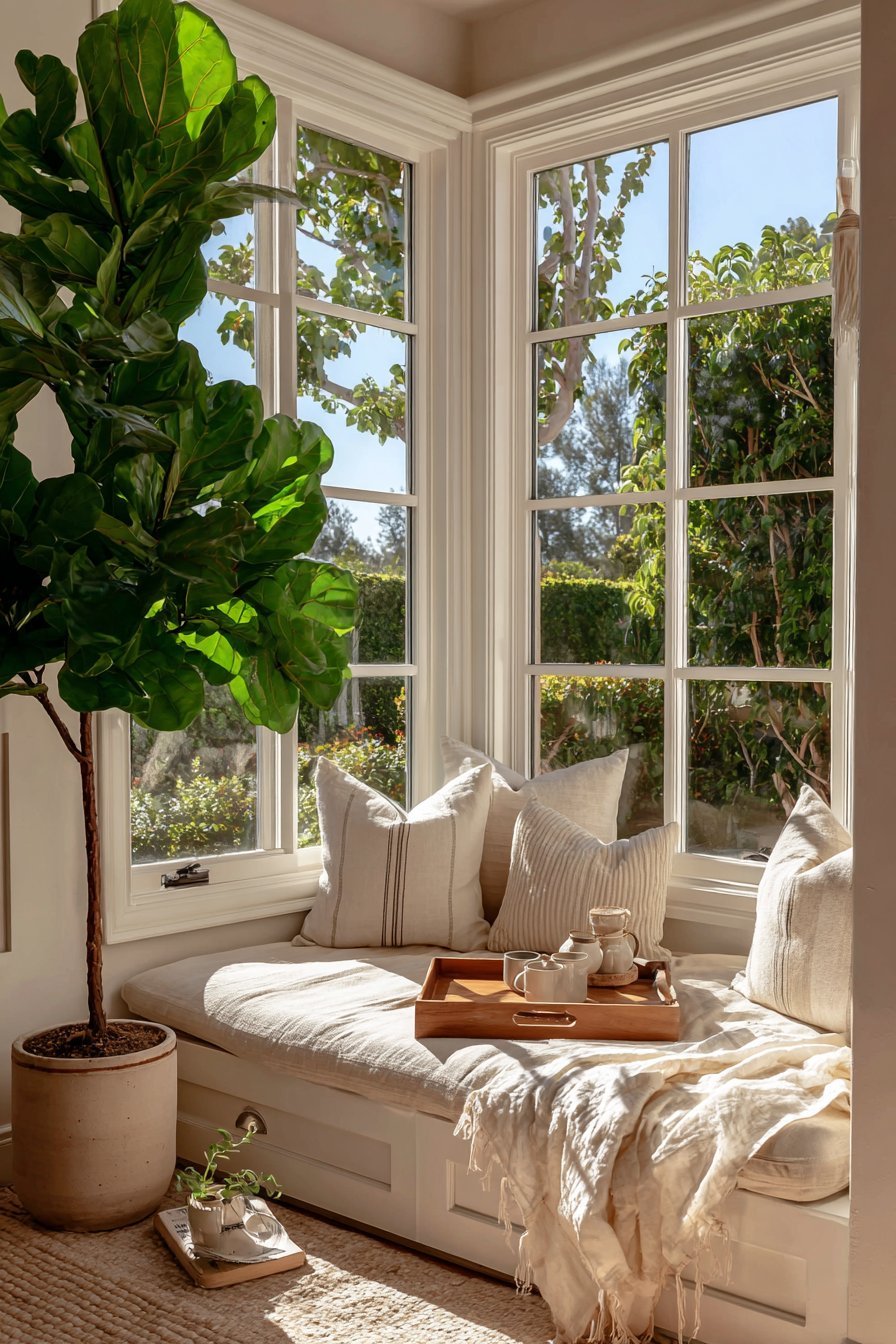 Linen window seat with storage and cotton pillows beneath floor-to-ceiling windows, with a tea tray and fiddle leaf fig