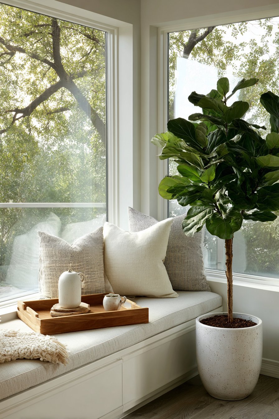Linen window seat with storage and cotton pillows beneath floor-to-ceiling windows, with a tea tray and fiddle leaf fig