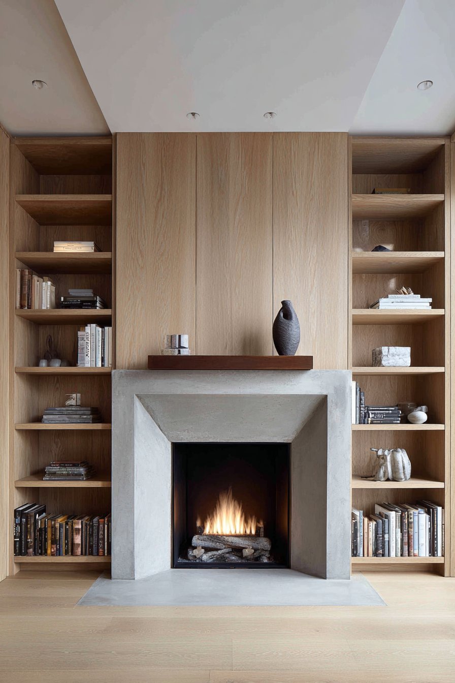 Linear gas fireplace in a smooth concrete surround with walnut mantel shelf and light oak built-in shelves on both sides
