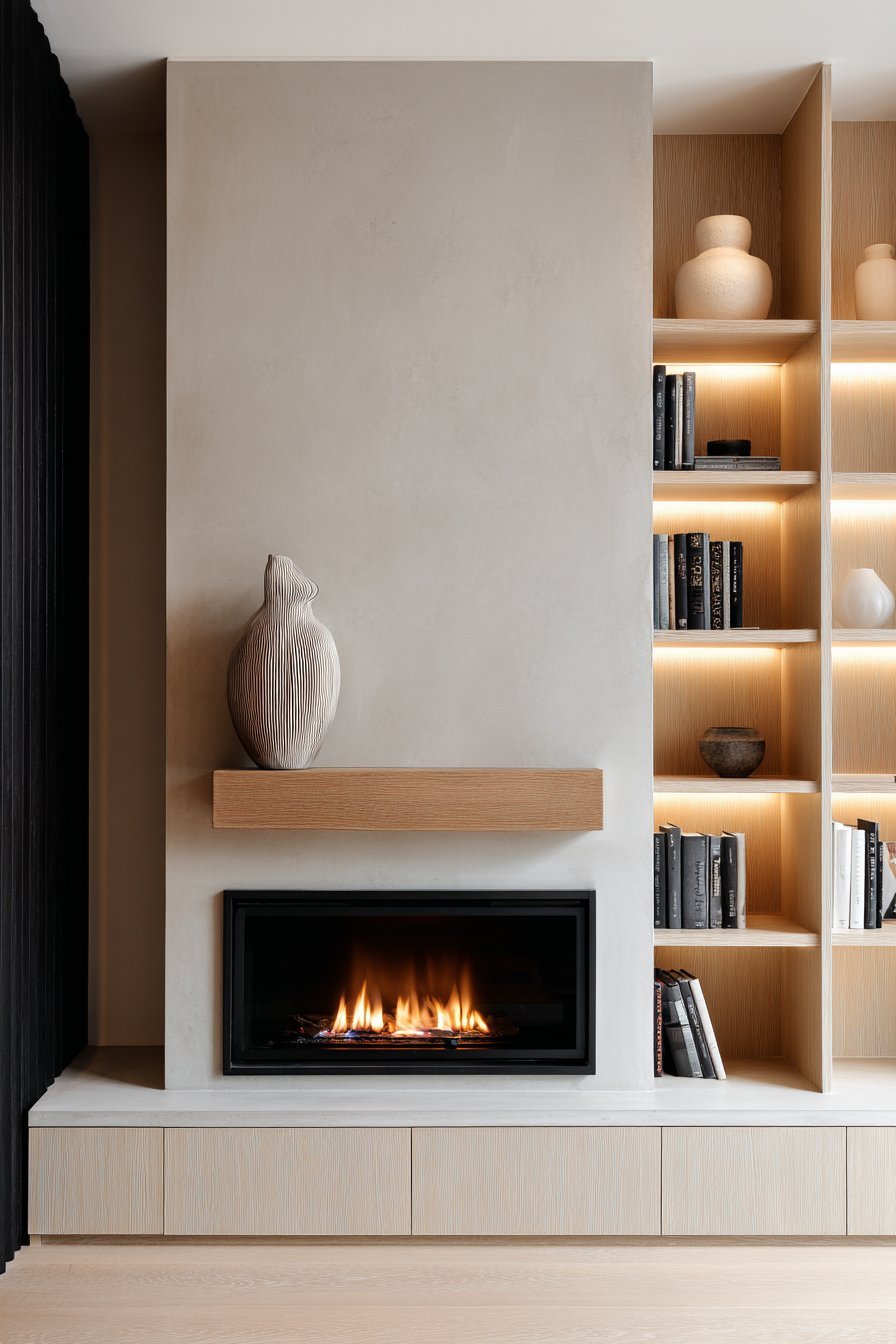 Linear gas fireplace in a smooth concrete surround with walnut mantel shelf and light oak built-in shelves on both sides