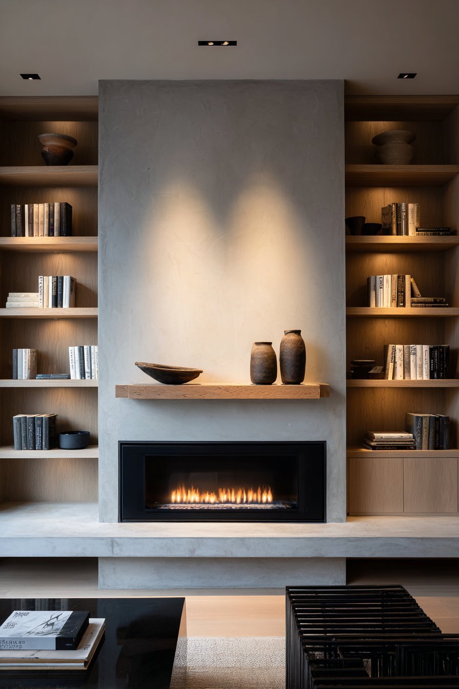 Linear gas fireplace in a smooth concrete surround with walnut mantel shelf and light oak built-in shelves on both sides