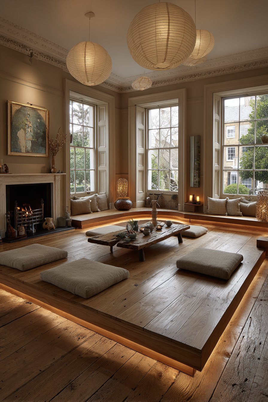 Sunken conversation pit with charcoal wool seating, reclaimed wood table, floor cushions and paper lantern pendants