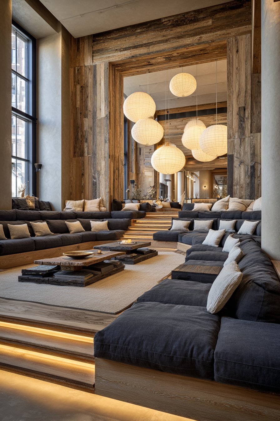 Sunken conversation pit with charcoal wool seating, reclaimed wood table, floor cushions and paper lantern pendants