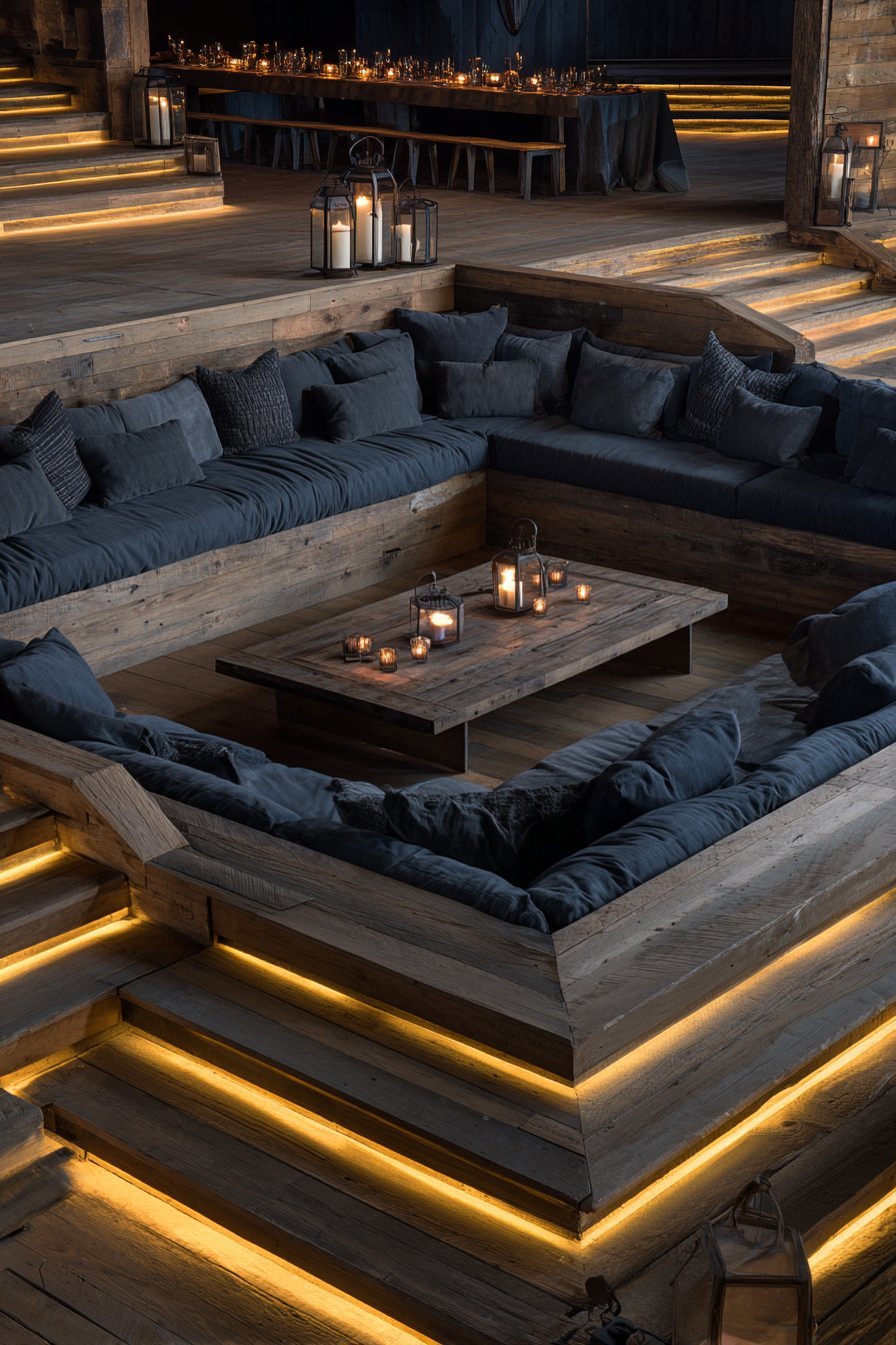 Sunken conversation pit with charcoal wool seating, reclaimed wood table, floor cushions and paper lantern pendants