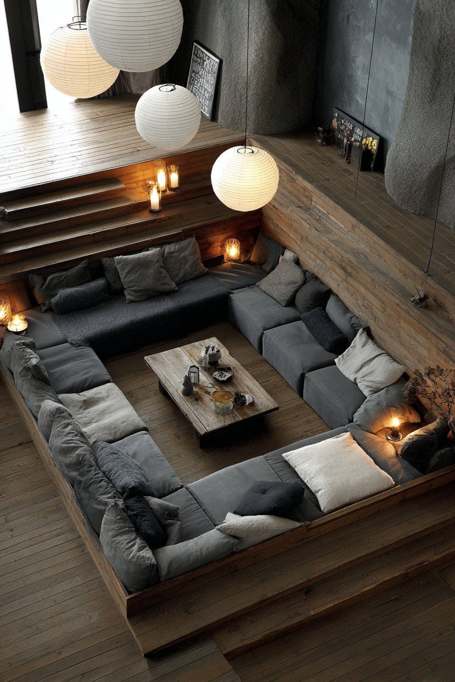 Sunken conversation pit with charcoal wool seating, reclaimed wood table, floor cushions and paper lantern pendants
