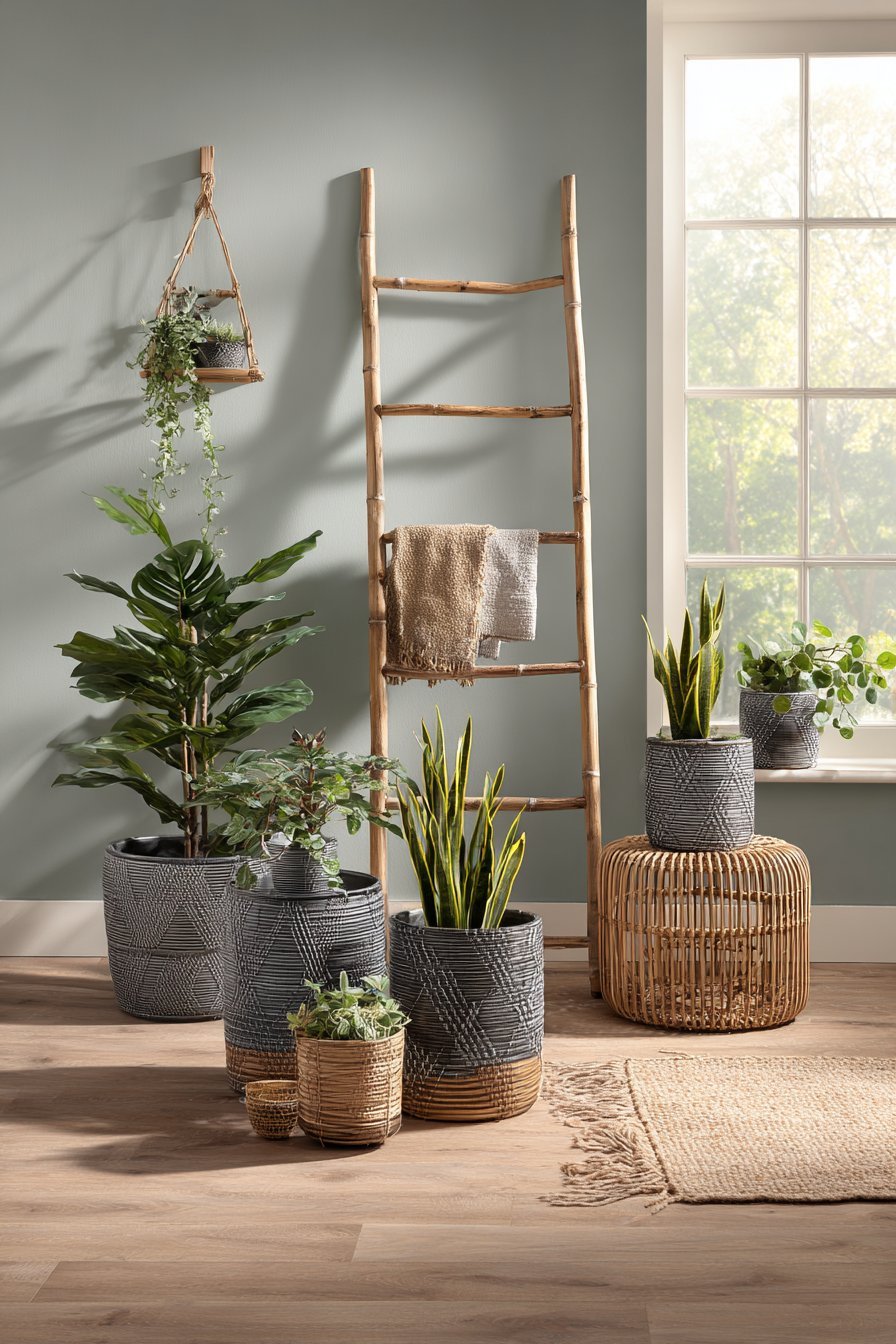 Plant corner with monstera, snake plants and pothos in ceramic planters, a wooden ladder plant stand and sage green wall