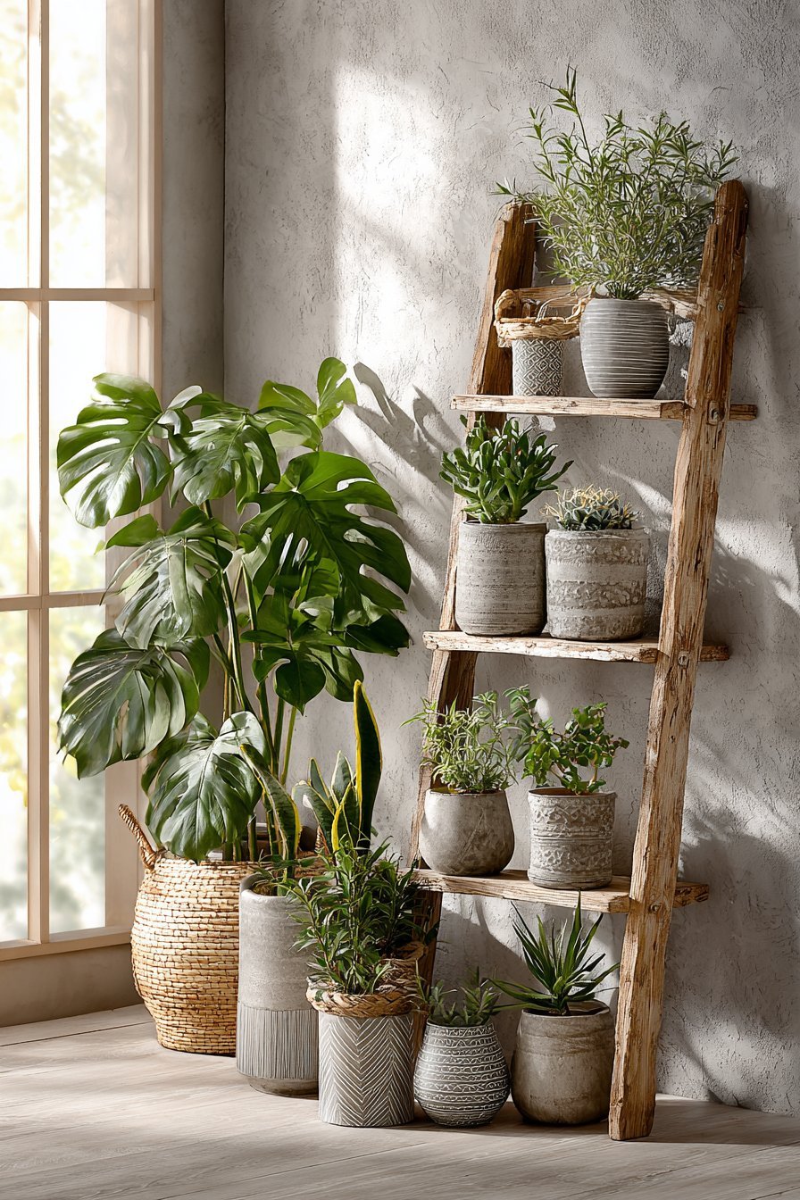 Plant corner with monstera, snake plants and pothos in ceramic planters, a wooden ladder plant stand and sage green wall
