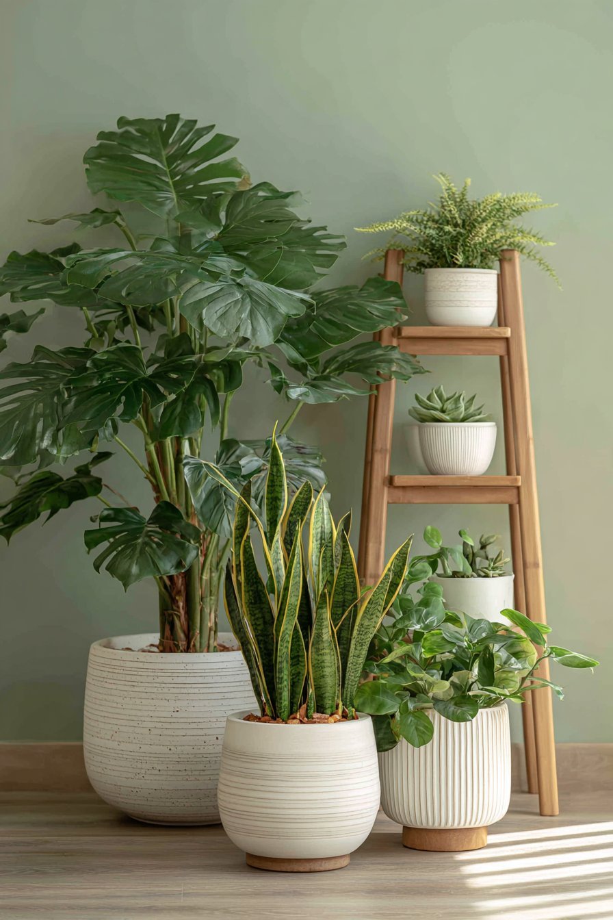 Plant corner with monstera, snake plants and pothos in ceramic planters, a wooden ladder plant stand and sage green wall