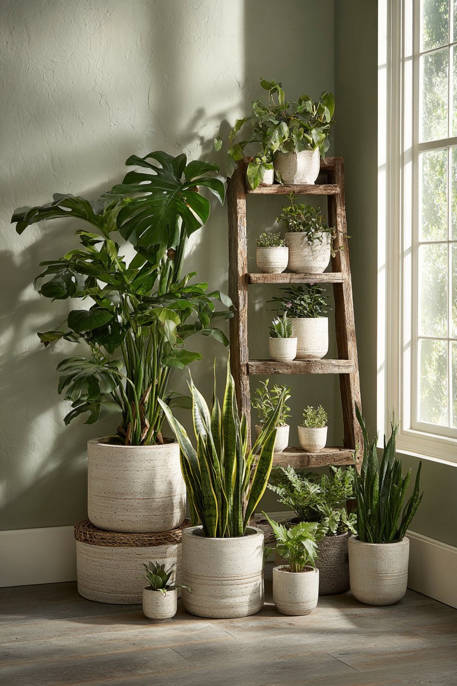 Plant corner with monstera, snake plants and pothos in ceramic planters, a wooden ladder plant stand and sage green wall