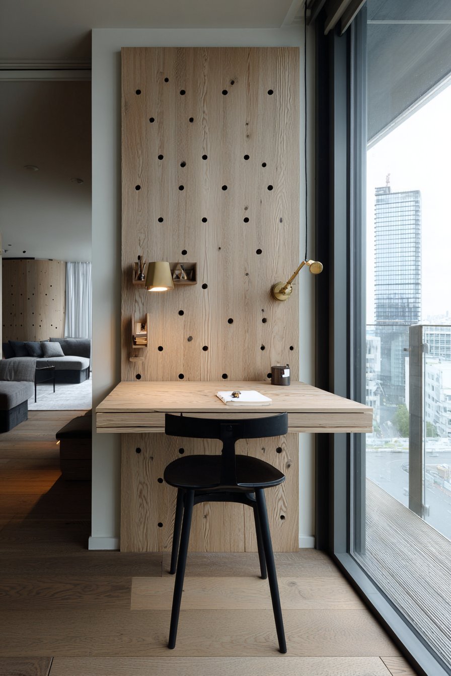 Wall-mounted natural oak floating desk with black metal chair, matching pegboard and brass task lamp