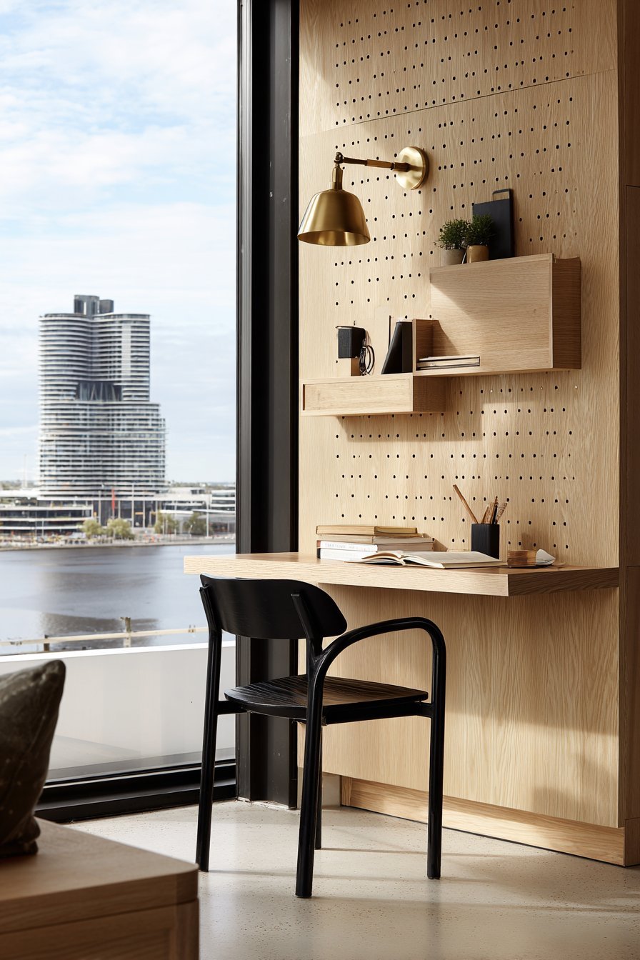 Wall-mounted natural oak floating desk with black metal chair, matching pegboard and brass task lamp
